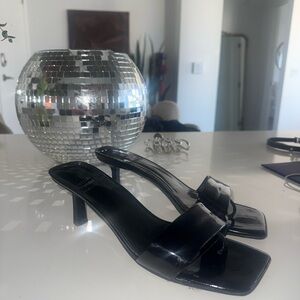 Jeffrey Campbell Black Patent Square-Toe Mule Sandaled Heels